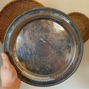 🍄SOLD🍄 Vintage Round Silver Plate Engraved & Pierced Tray